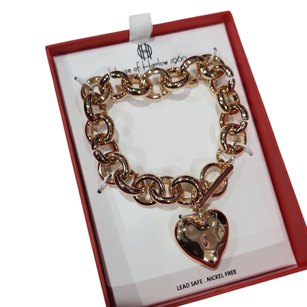 💛▪️House of Harlow▪️1960 Chunky Gold Chain Heart Charm Bracelet